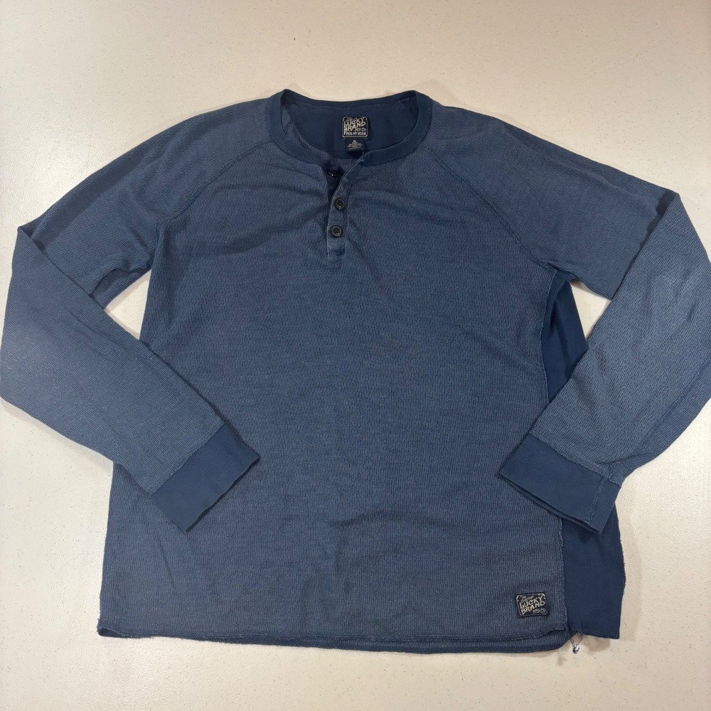 VTG Lucky Brand Mens Blue Waffle Knit-Wear Henley Thermal Long Sleeve Shirt XL